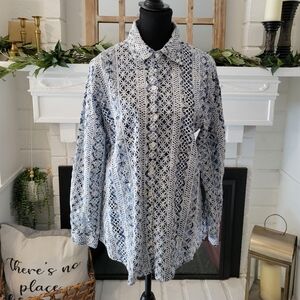 AP.NY All Over Eyelet Embrodered Organic Cotton Button-Up Rolled Tab Sleeve Top